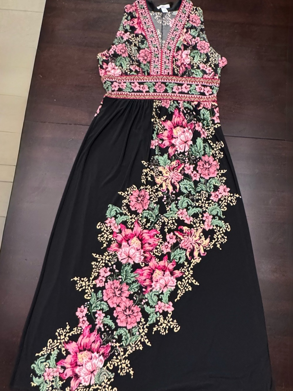 London Times Black Maxi Dress with Pink Floral Print Size 16 - Picture 5 of 17
